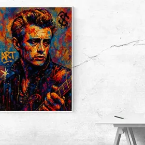 Kunstdruck Dean – Die hochgekämmte Tolle, ein nachdenklicher Blick und eine Gitarre im Arm, dazu Graffiti-Elemente wie Stern und Dollarzeichen auf blau-orangem Grund