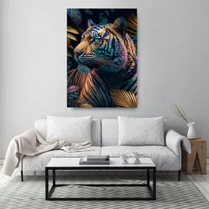 Kunstdruck Tiger abstrakt – Das Fell dieses Tigers schimmert in Orange, Türkis und Violett, umgeben von goldenen und dunklen Blättern vor nachtschwarzem Hintergrund