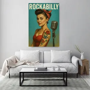 Kunstdruck Rockabilly Girl 3 – Mit hochgesteckter Frisur, rot-weiß gepunktetem Haarband und Rosen-Tattoo am Arm steht die Sängerin neben einem Vintage-Mikrofon, darüber leuchtet „ROCKABILLY“