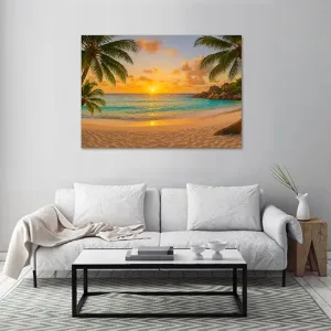 Kunstdruck Palmenstrand Sonnenuntergang – Tropischer Sonnenuntergang zwischen Palmen und Felsen