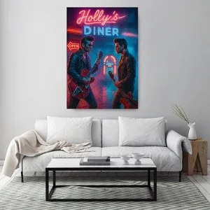 Kunstdruck Holly’s Diner Guitar Heroes – Gitarrenduell vor „Holly's Diner“ in Neonlicht