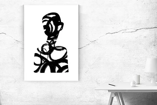 Kunstdruck schwarze Kreise – Kopf und Oberkörper einer Silhouette entstehen aus breiten, schwarzen Pinselschleifen auf reinem Weiß, die sich wie Bänder um die Form legen
