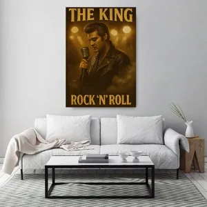 Kunstdruck King of Rock-n-Roll 2 – Goldglänzendes Bühnenporträt mit „The King“-Schriftzug