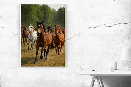 Kunstdruck Pferdeherde Wiese – Angeführt von einem kräftigen Braunen stürmt eine Herde Pferde über eine goldgelbe Wiese, im Hintergrund säumen dichte Laubbäume die Szene